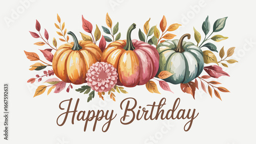 Watercolor Pumpkins and Autumn Leaves with Happy Birthday Script for Fall Celebration Card Design