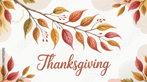 Watercolor Thanksgiving Design Featuring Autumn Leaves and Berries Branch on Beige Background with Greeting