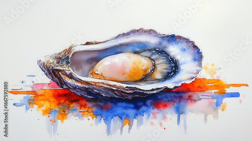 Artistic Watercolor Painting of an Oyster with a Pearl,up by Nha Vu