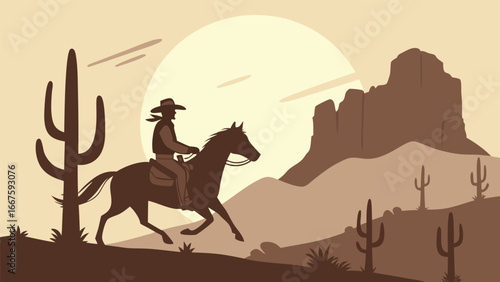 Silhouette of Cowboy Riding Horse at Sunset in Desert Landscape: Western, Vintage, Calm Mood