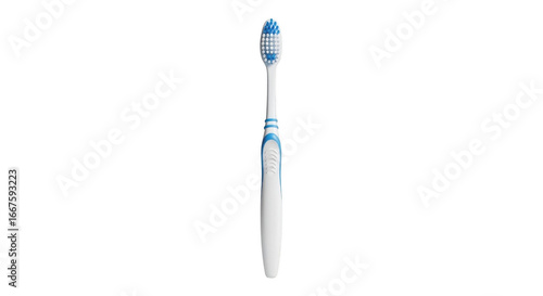 A white and blue electric toothbrush standing vertically against a black background with its bristles facing upwards