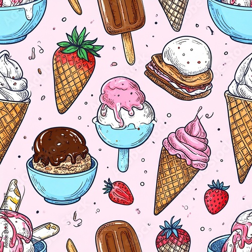 Fun and vibrant seamless pattern of assorted ice cream desserts, popsicles, and strawberries for a sweet summer theme