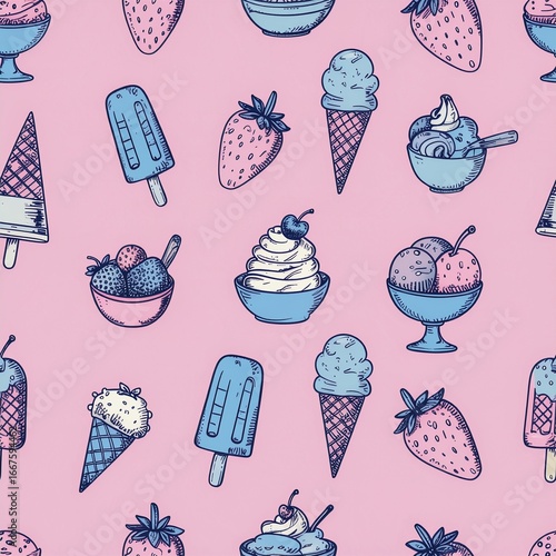 Colorful summer dessert illustration featuring a variety of sweet treats like ice cream cones, popsicles, and macarons in a repeating pattern