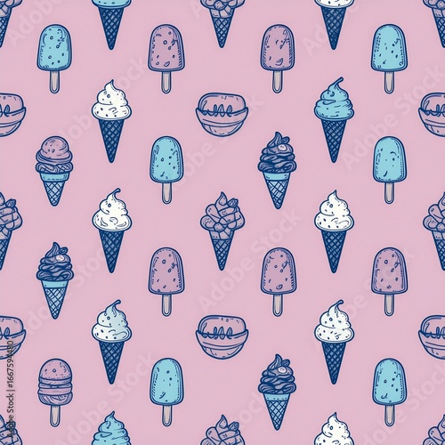 Hand-drawn seamless pattern featuring a variety of sweet summer desserts like ice cream cones, popsicles, macarons, and fresh strawberries