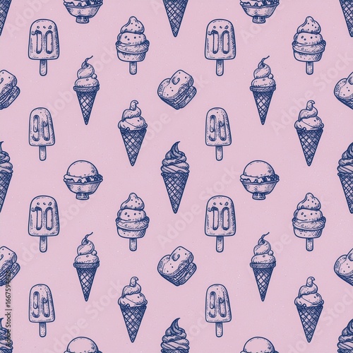 A charming seamless background pattern of various hand-drawn ice cream treats, including cones and popsicles, perfect for summer designs