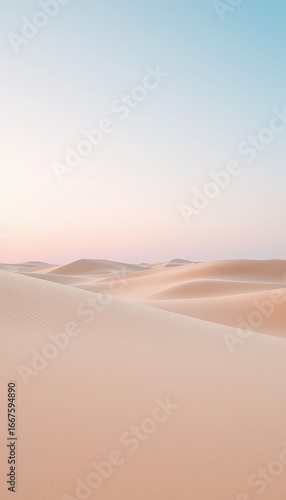 Sandy expanse at dawn the sun's gentle light caresses the undulating dunes in warm hues under an infinite sky