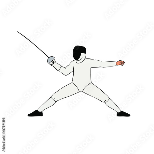 A dynamic fencer in an attacking lunge, powerfully captured as a 2D flat vector illustration with clean lines and vibrant solid colors, isolated on a pristine white background.