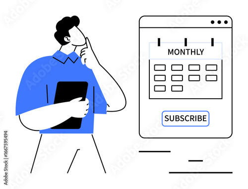 Professional holding tablet and contemplating subscription plan next to monthly calendar interface. Ideal for subscription, planning, decision-making, e-commerce, productivity, digital tools, simple