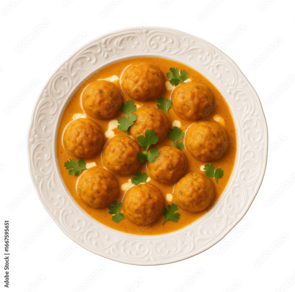 Delicious orange curry meatballs in a white bowl garnished with cilantro Delicious orange curry meatballs in a white bowl garnished with cilantro