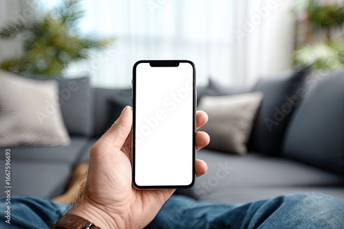 Close-up of a hand holding a smartphone with a blank screen, in front of a couch