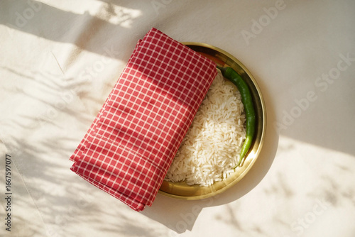 Flatlay of Traditional Gamcha with Brass Plate, Rice and Green Chili