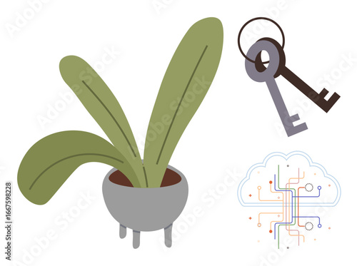 Potted plant with broad leaves, old-style keys, and a cloud with digital circuits. Ideal for technology, security, sustainability, growth, innovation, digital transformation modern connection