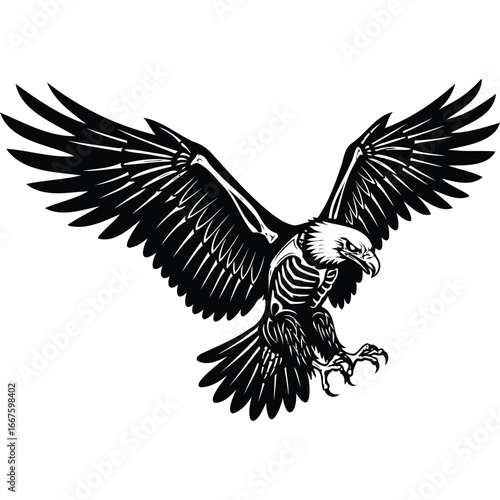 Skeleton Eagle Wings Spread Flight Bird bones skull black and white monochrome illustration graphic design tattoo t shirt art vector animal