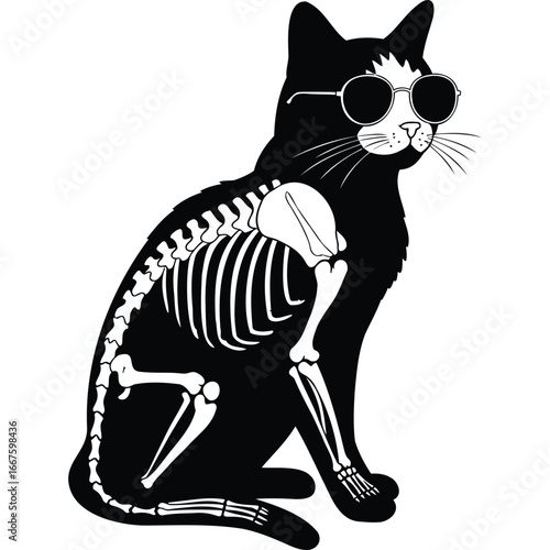 Cool Cat Skeleton Sunglasses Black White black and white monochrome illustration vector graphic design apparel print poster edgy unique