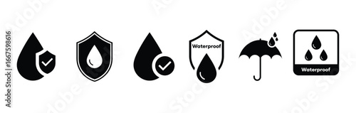  Waterproof Icons Set – Protection, Water Resistance, and Durability Symbols