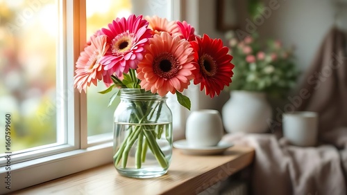 Wallpaper Mural Beautiful bouquet of pink, red, and orange gerbera flowers in a glass vase with water, placed by the window under natural light. Perfect for home decor, lifestyle, and floral design Torontodigital.ca