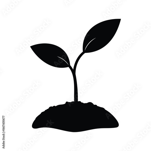 A Single Seedling Growing in Soil Silhouette Represents New Life and Growth, A plant tree growing silhouette vector illustration
