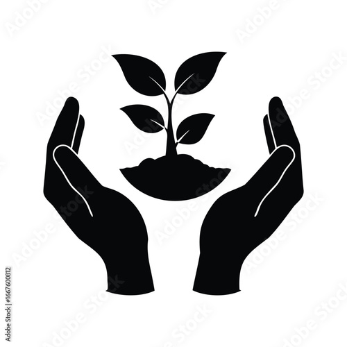 Hands gently holding a plant, symbolizing growth, nurture, and environmental care, A tree growth symbol on hand silhouette vector illustration 