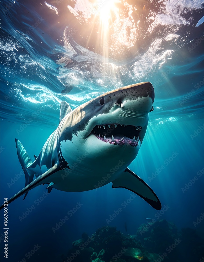Obraz premium Great white shark underwater, sunlit scene