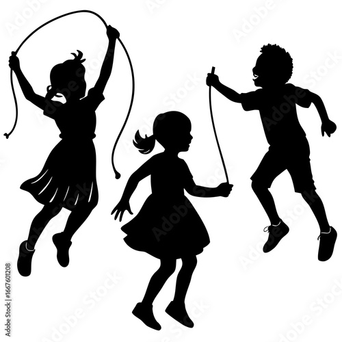 Silhouettes of three children jumping rope on a white background kids skipping rope