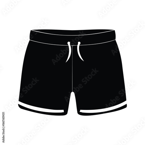 Simple black athletic shorts with a white drawstring and stripes on white, Short pant for boys silhouette vector illustration
