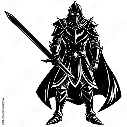 Black Silhouette of a Knight in Ornate Armor with a Sword and Flowing Cape on a White Background warrior