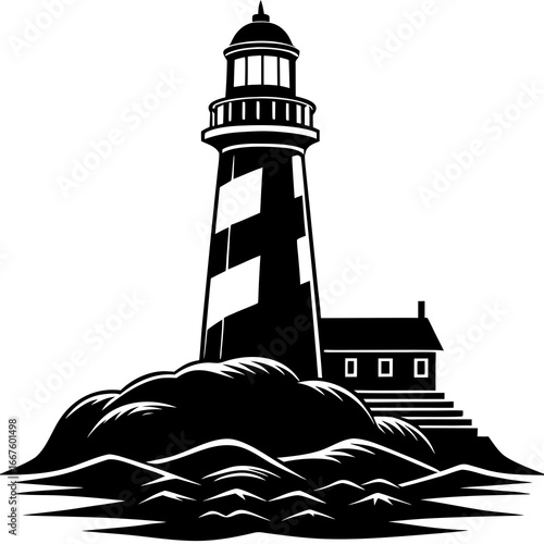 Black and white illustration of a lighthouse on a rocky shore with a small house beacon tower