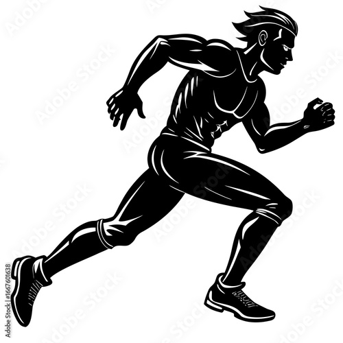 Black and white illustration of a muscular male runner in mid-stride with clenched fist on a white background