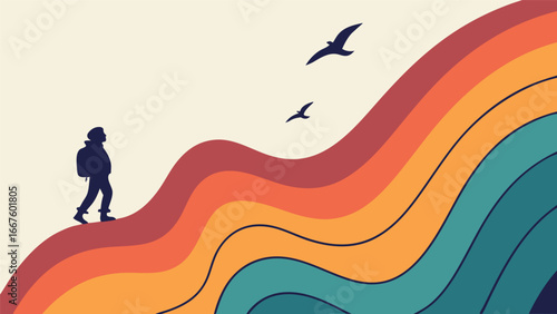 Retro Style Hiker Ascending Colorful Wavy Hillscape; Peaceful Journey, Optimistic Mood, Minimalist Design.