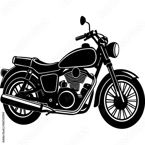 Black Silhouette of a Cruiser Motorcycle on a White Background motorbike bike