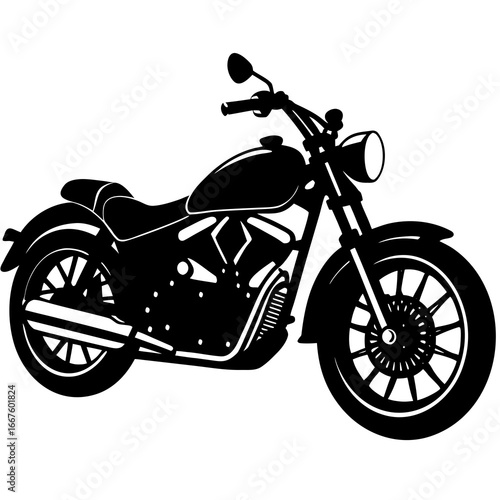 Black silhouette of a cruiser motorcycle with detailed engine and wheels on a white background motorbike