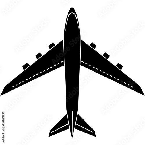 Black Silhouette of a Jumbo Jet Airplane Viewed from Above on a White Background aircraft airliner
