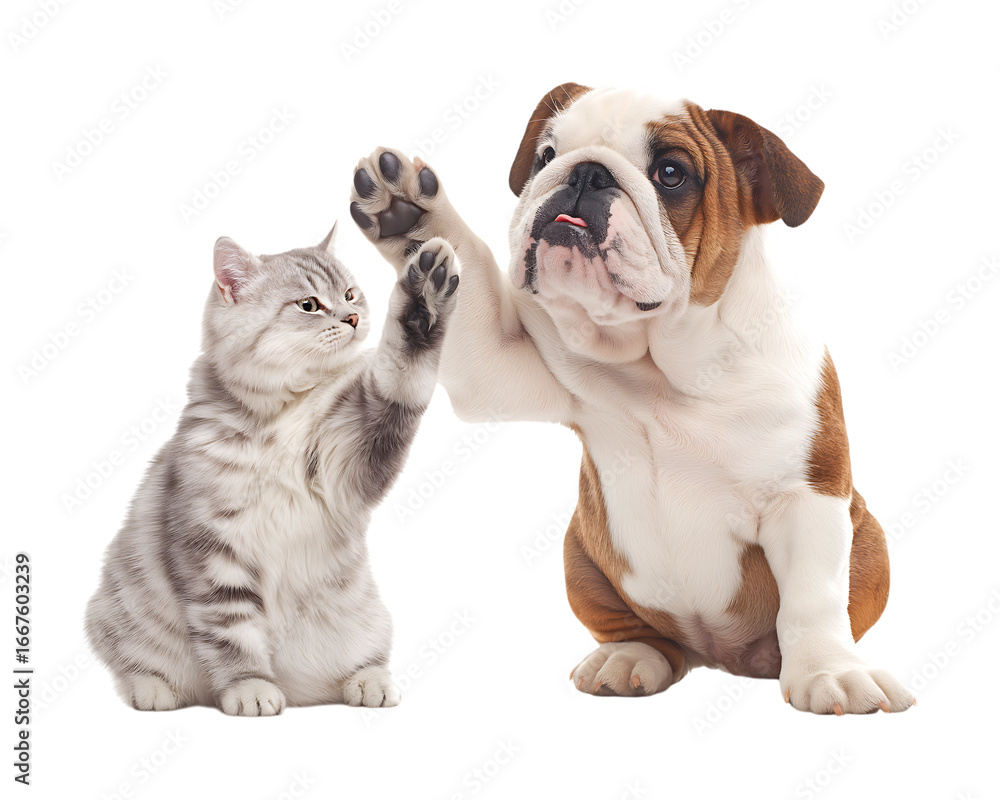 Fototapeta premium Adorable Bulldog Puppy and Silver Tabby Kitten High-Fiving isolated on a transparent background
