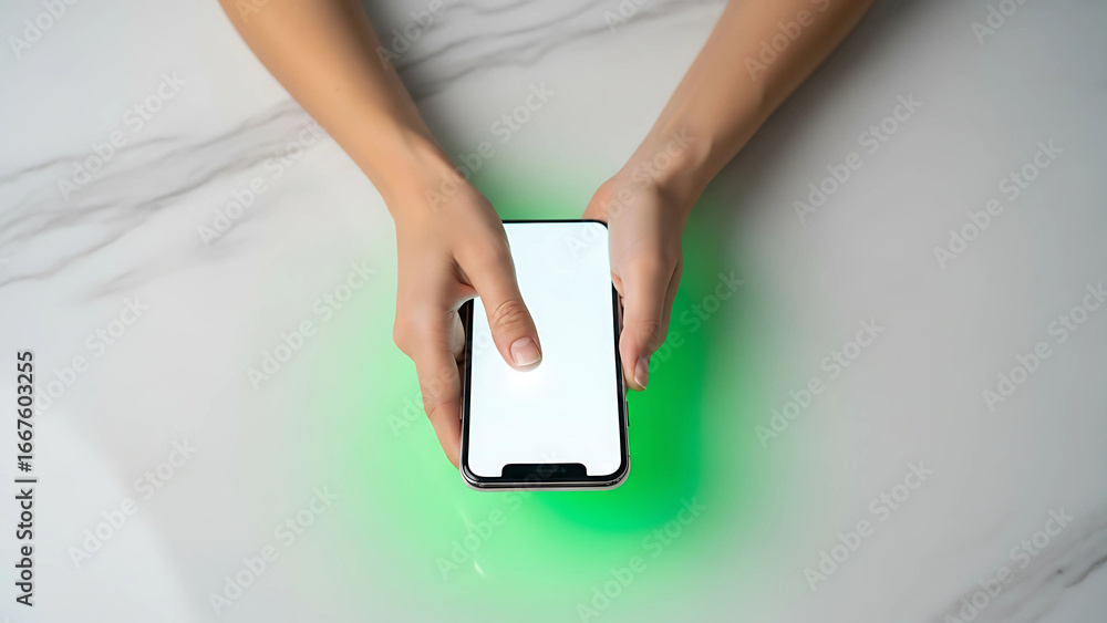 Fototapeta premium Top-down view of a person's hands using a smartphone with a blank screen, emitting a green glow onto a white marble table.