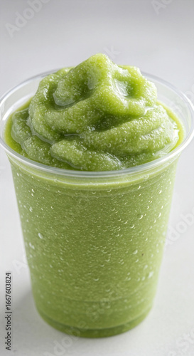 Close-up of a cold green smoothie served in a plastic cup with condensation, healthy refreshing drink made with fresh ingredients.