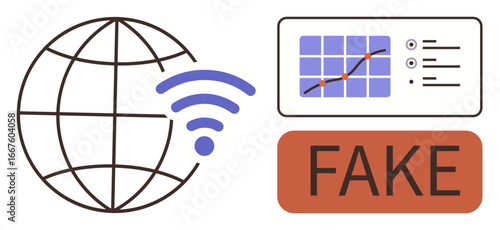 Globe with internet signal, chart showing misleading data trends, and FAKE label. Ideal for misinformation, fake news, digital ethics, global data, cybersecurity fraud awareness. Simple flat