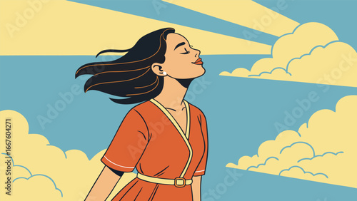 Serene Woman in Retro Style Dress, Enjoying Sunny Day, Peaceful Mood, Windblown Hair, Optimistic Vibe, Summer Freedom
