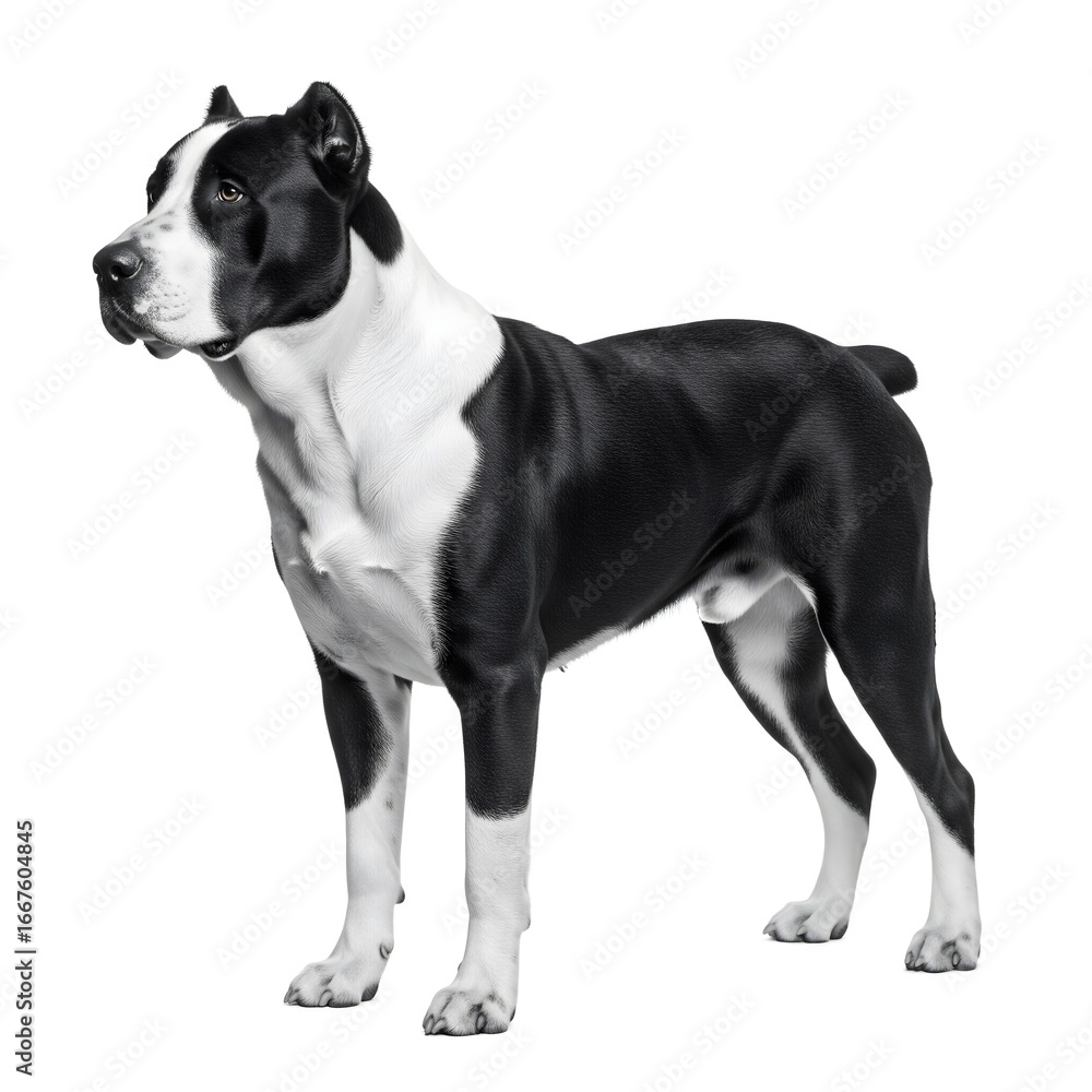 Fototapeta premium Black and white dog with cropped ears on a white background.