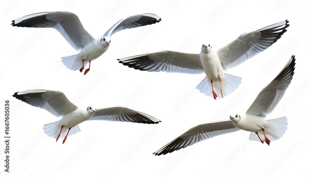 Obraz premium Five Seagulls in Flight, White Background