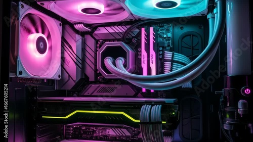 Close-up of a custom-built gaming computer with vibrant RGB lighting and advanced cooling.