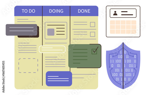 Kanban board with To Do, Doing, Done columns, movable tasks, shield with binary code, user info on calendar. Ideal for productivity, time management, workflow planning cybersecurity organization