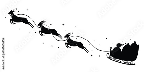 Santa Claus on sleigh flying sky with reindeers black vector silhouette on white background. illustration design for winter holiday decoration, Christmas greeting card and Happy new year.