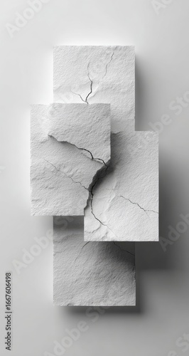 Three layered, rectangular, white stone blocks, overlapping, showing cracks and fissures