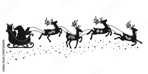 Santa Claus on sleigh flying sky with reindeers black vector silhouette on white background. illustration design for winter holiday decoration, Christmas greeting card and Happy new year.