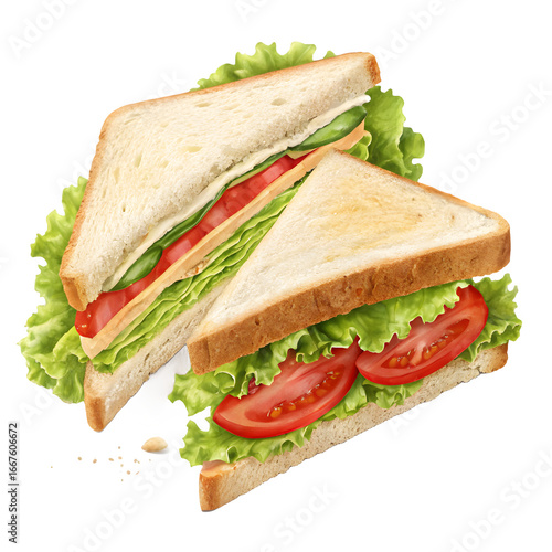Freshly made triangle sandwiches with lettuce and tomato on black background