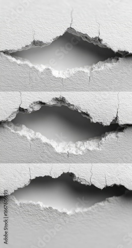 Three horizontal rows of cracked, textured plaster, showing gaping holes