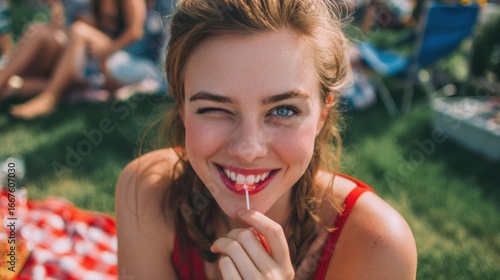 A cheerful young woman is winking at the camera while holding a lollipop. This image represents a carefree and joyful summer lifestyle.