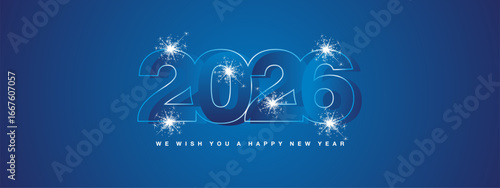 Happy New Year 2026 greeting card design template on blue background. New Year 2026 concept with neon light line sparkler firework on blue background