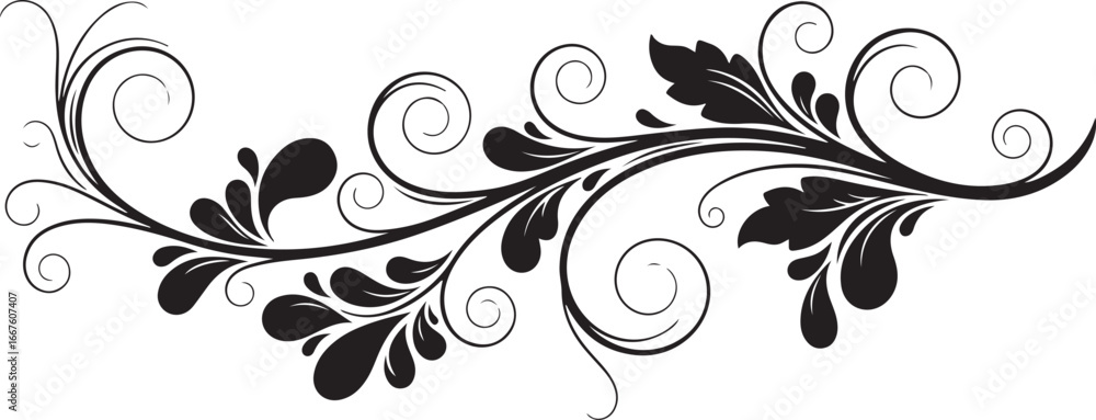 Obraz premium Black decorative floral swirl with leaves and curls on a white background vector illustration