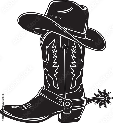 Black Silhouette of a Cowboy Boot with a Hat and Spur on White Background western